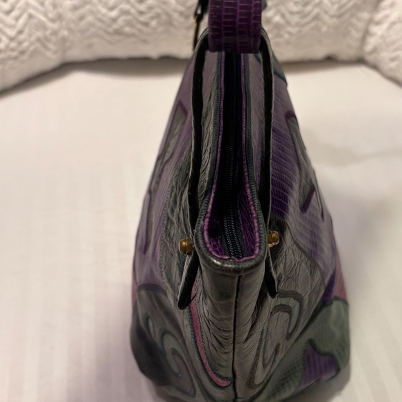 SHARIF Handbag Green Purple & Red Embossed Leather Full Zip - Picture 2 of 14